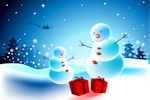 Kerstkaart: Twee sneeuwpoppen hebben een kerstcadeau gekregen van de kerstman die met zijn arrenslee en rendieren alweer opweg om nog meer kerstcadeaus rond te brengen