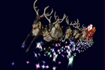 Kerstkaart: Santa Claus vliegt met zijn arrenslee en zes rendieren over een pad van sterren door de lucht